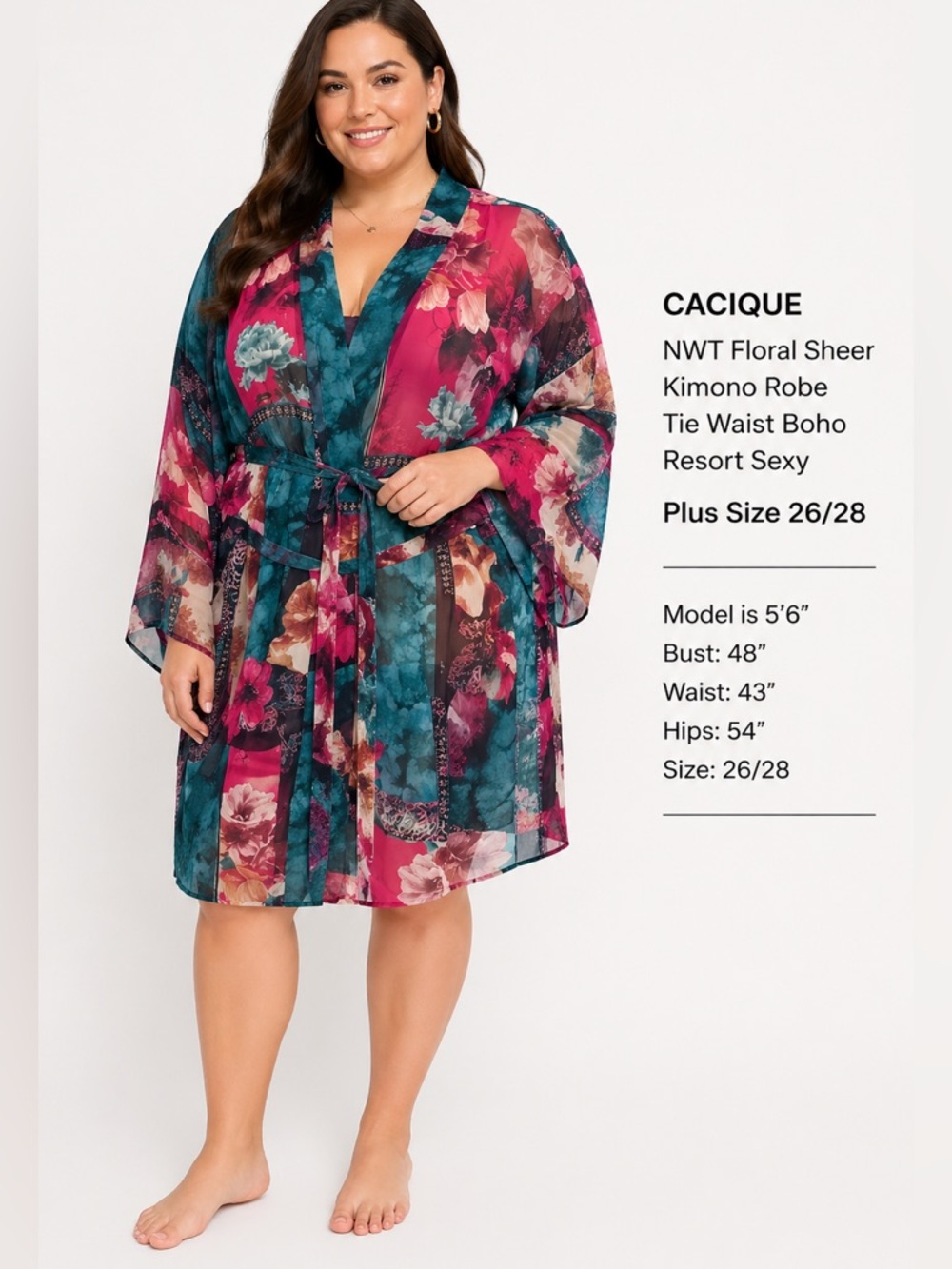 Cacique NWT Floral Sheer Kimono Robe Tie Waist Boho Resort sexy Plus Size 26/28